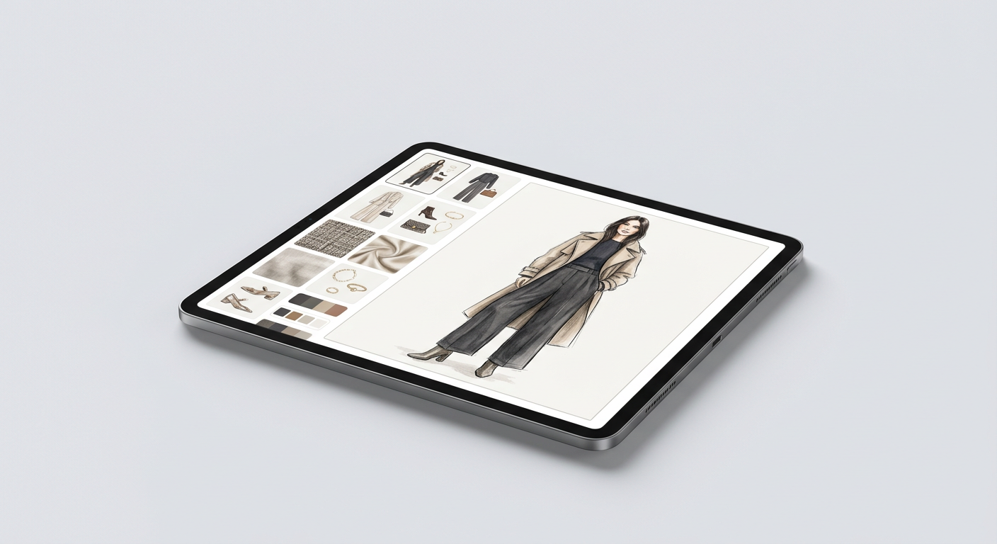 Illustrative render of a tablet showing a fashion illustration and outfit swatches