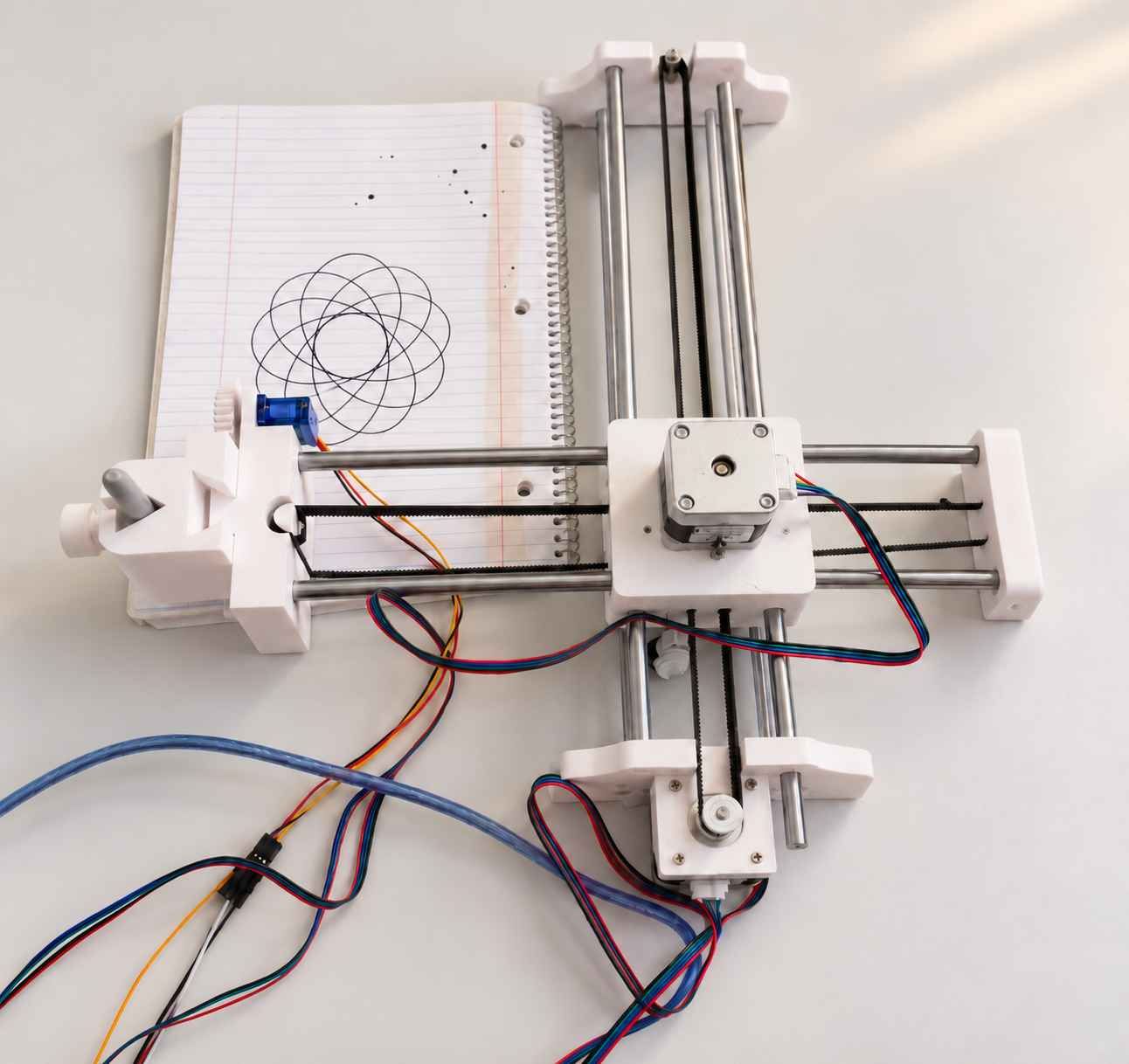 Photograph of the 3D-printed two-axis RoboDraw plotter with stepper motors and belts, beside a notebook page showing a drawn spirograph pattern